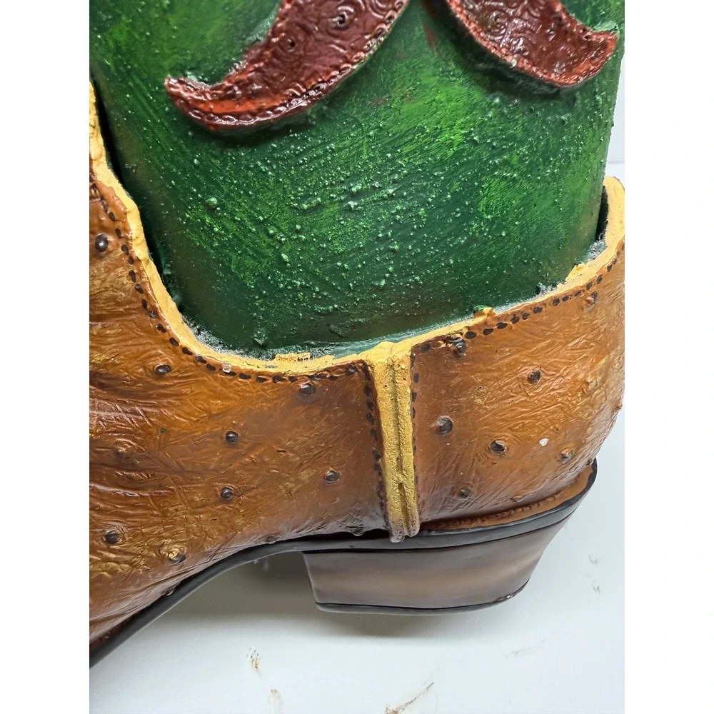 Western Cowboy Boot Decorative Planter Vase GreenBrown Ostrich Print ChiliPepper